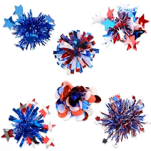 Close-up of Independence Day hair clips with red, white, and blue tinsel and stars