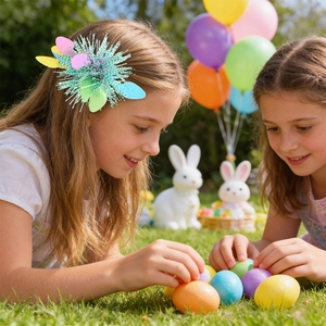 Close-up of Easter tinsel hair clip with colorful egg and leaf sequins on grass