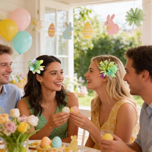Colorful Easter feather hair clip worn by a woman in a festive family party setting