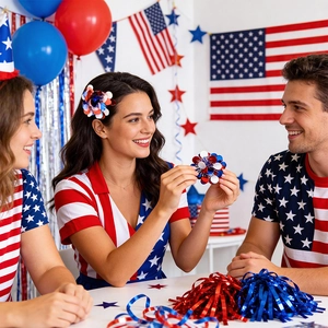 Close-up of red white and blue sequin flower hair clips for Independence Day party