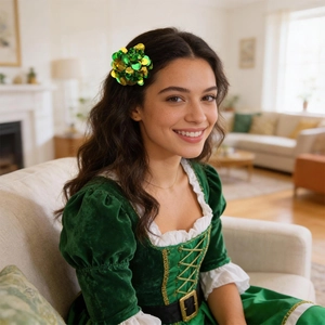 Détail de la pince à cheveux Saint-Patrick avec paillettes vertes et dorées sur modèle