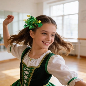 Détail de pinces à cheveux trèfle duveteuses vert et or pour la fête de la Saint-Patrick