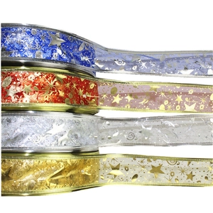 Christmas Mesh Ribbon Star Moon Pattern Gold Foil Stamping Organza Wire Edge For Gift Wrapping Holiday Decor