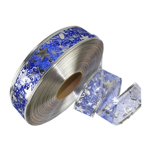 Blue Christmas mesh ribbon with silver star patterns for festive tree decoration