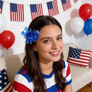 Independence Day hair clip with blue glitter tinsel and stars worn by a model