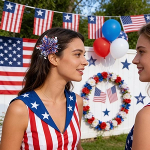 Independence Day hair clip with red white blue starburst tinsel worn by a model