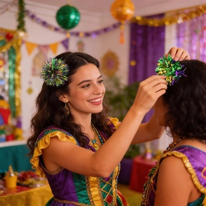 Mardi Gras lila grün gold Pailletten Bommel Haarklammer für Karneval Kostüm Haarschmuck