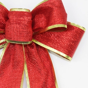 25cm red glitter Christmas bow with gold trim decoration for festive holiday tree