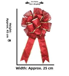 Détail d'un nœud de Noël rouge à bords dorés et paillettes, affichage de taille 45cm
