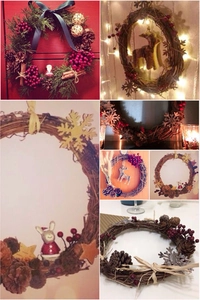 Detailansicht eines 23cm Weihnachtskranzes mit Rattan, Tannenzapfen und blauen Bändern