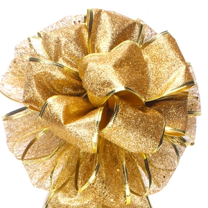 Large Christmas gold glitter bow ornament with decorative mesh and sparkling sequin finish