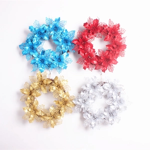 Couronne de Noël Scintillante 35cm Avec Poinsettia à Paillettes Feuilles Ajourées Anneau en Rotin Pour Décoration de Porte Fête
