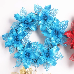 Couronne de fleurs de Noël bleues pailletées pour décoration de porte festive et fête