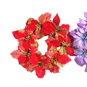 45cm Christmas wreath with red poinsettia flowers and gold glitter details on white background