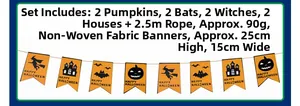 Detail of Halloween non-woven banner set with pumpkin, bat, and witch themed flags