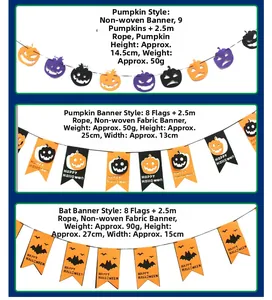 Detailed view of Halloween felt banners featuring pumpkin and bat shapes with 2.5m ropes