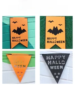 Detailed view of Halloween felt banners featuring bats and Happy Halloween lettering