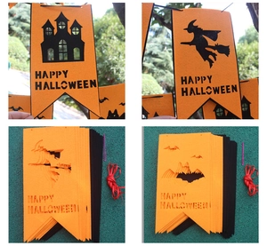 Detail of Halloween felt banner kit with bat and witch patterns and assembly needle