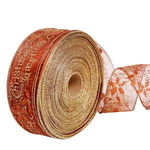 Brown Christmas mesh ribbon 5x200cm with gold glitter Christmas Greetings text