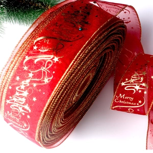6.3cm Red Christmas organza ribbon with gold tree prints and Merry Christmas text