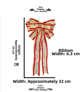 Red and gold striped Christmas bow dimension chart showing 55cm height and 32cm width