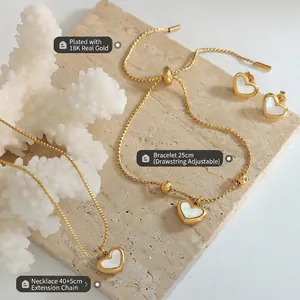 18K gold plated heart shell jewelry set including necklace, bracelet and stud earrings