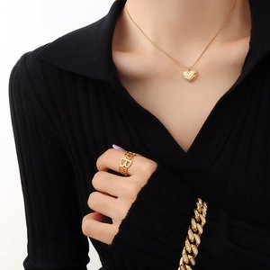 Gold fashion jewelry set with heart pendant necklace, BB ring and paved Cuban bracelet