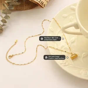 18K gold plated titanium steel necklace with rectangular pendant and 45cm adjustable chain