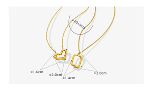 Detailed view of gold lava texture heart and rectangle pendant necklaces with dimensions
