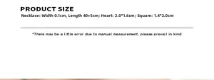 Size chart for heart and square pendant necklace showing chain length and dimensions