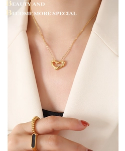 Detail of a gold heart pendant necklace and textured ring on a white suit model