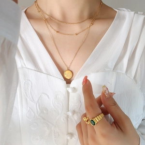 Multi Layer Necklace Titanium Steel 18K Gold Plated Round Coin Pendant Good Luck Engraved Simple Fashion For Women