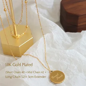 Three-layer 18K gold plated necklace with round Good Luck pendant and adjustable chain