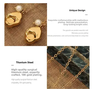 Detail of 18K gold-plated titanium steel jewelry set with irregular pendants and pearls
