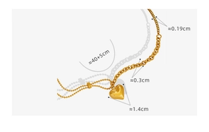 Detail of 3D gold heart pendant with 40+5cm adjustable chain and measurements