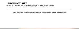 Size specifications for the heart pendant necklace showing widths and adjustable length