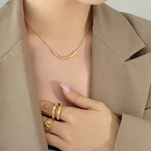 Gold smile necklace and geometric ring set styled on a model with minimalist fashion