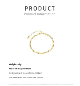 Detail of 4mm Figaro chain anklet in 18K gold plated surgical steel with extension