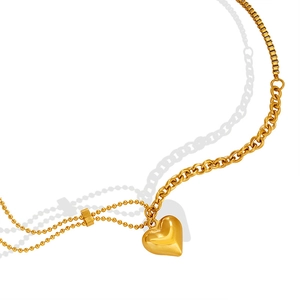 Golden multi-chain link necklace with 3D heart pendant and Luck engraving