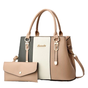 Three-color patchwork women handbag with matching wallet and textured vertical stripes