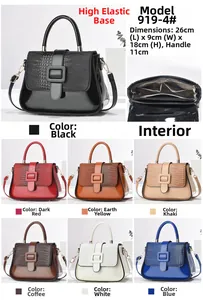 Detail view of crocodile pattern crossbody bags with dimensions and seven color options
