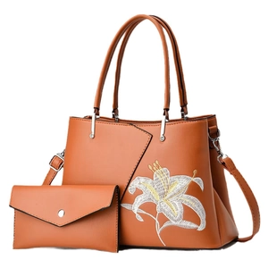 Fashionable caramel brown tote bag set with elegant white lily embroidery detail