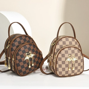 Mini checkerboard backpack with gold swan pendant and pearl detail for women