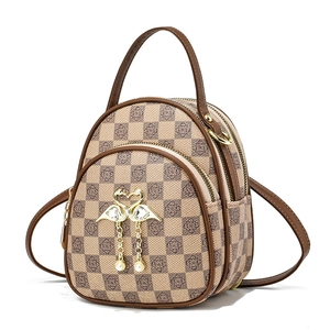 Mini checkerboard backpack in beige and brown with flamingo metal buckle and pearl charm