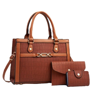 Three-piece brown crocodile pattern handbag set with tote, envelope clutch, and card holder