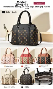 Détail de sacs à main vintage en six couleurs avec dimensions et poches intérieures