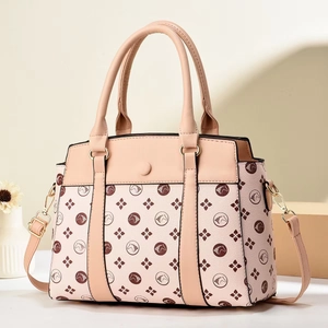Sac à main beige chic avec motifs floraux vintage, deux poignées et détails dorés