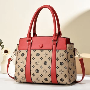 Sac à main beige avec lanières en cuir rouge et motifs floraux vintage