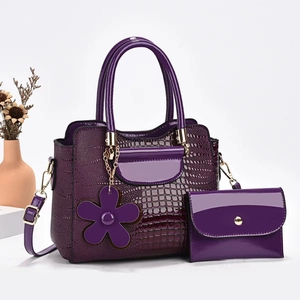 Purple crocodile pattern patent leather handbag set with floral charm and shoulder strap