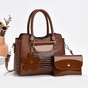 Brown crocodile pattern lacquer handbag set with small wallet and flower charm